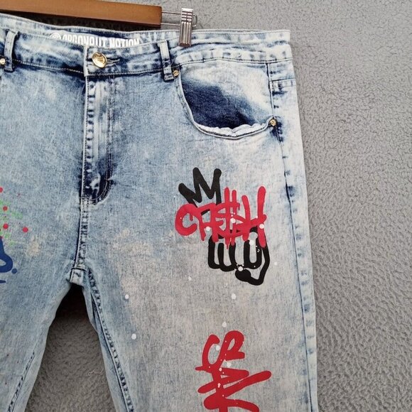 Argonaut Nation Jeans Mens 42x32 Blue Light Wash‎ Painted Graffiti Baggy Y2K - Picture 2 of 14
